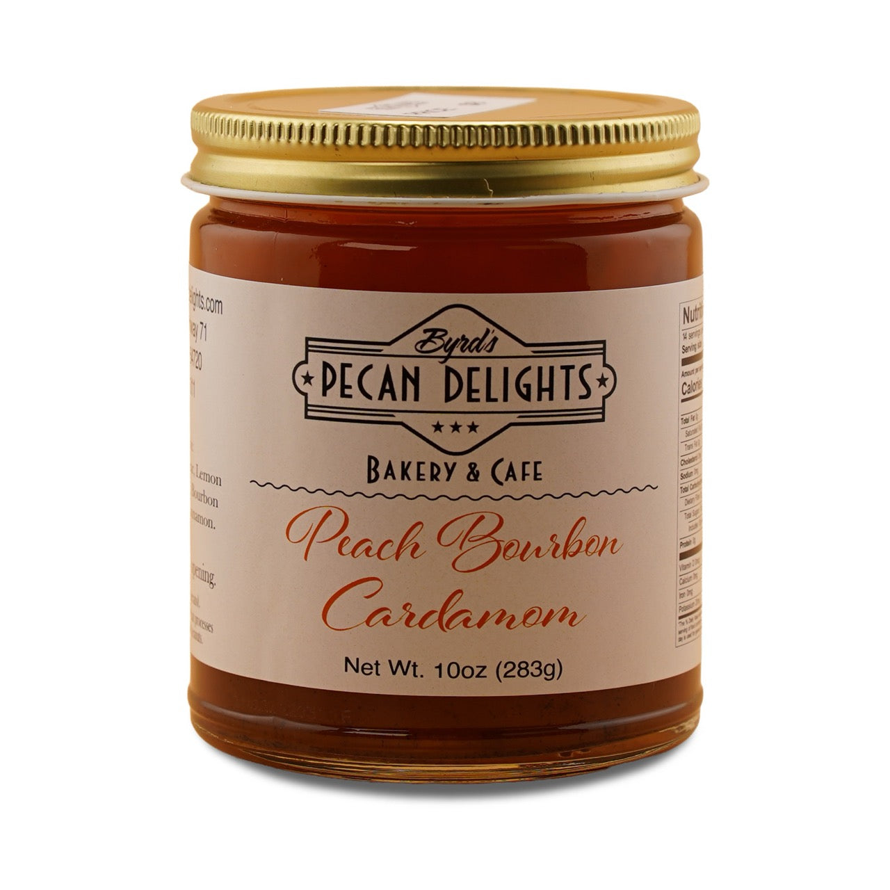 Jar of Byrd's Pecan Delights Peach Bourbon Cardamom 